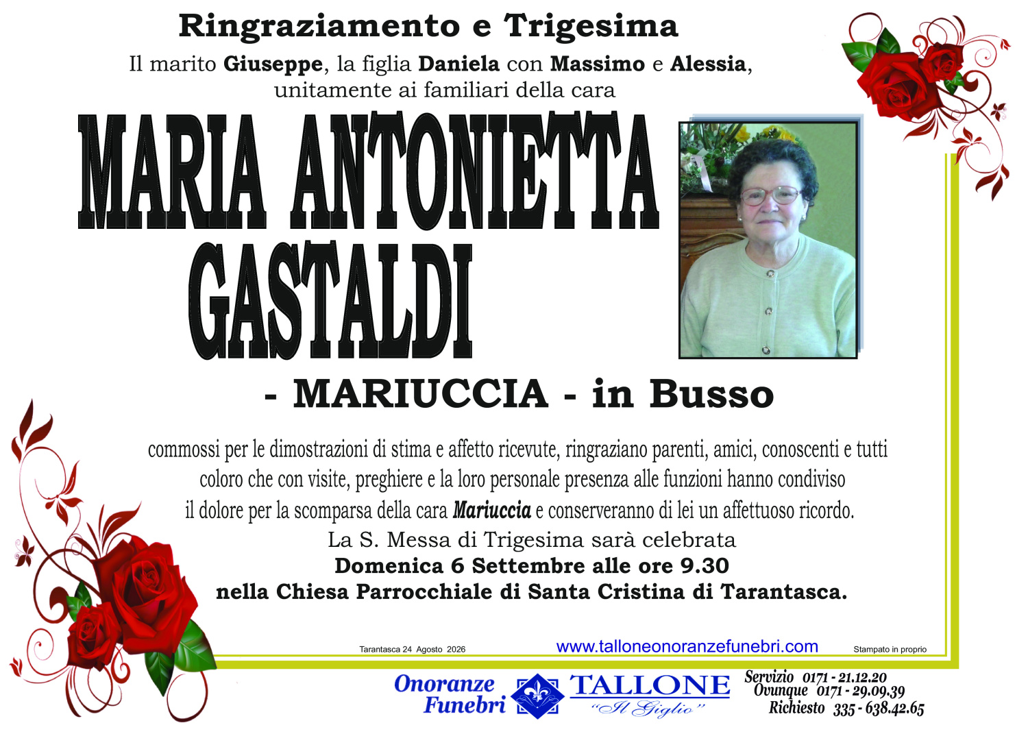 <br />
<b>Warning</b>:  Undefined variable $info in <b>/home/tallone/public_html/ringraziamenti.php</b> on line <b>68</b><br />
Maria Antonietta Gastaldi
